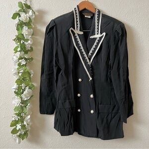 Vintage 80s Positive Influence Black Lace Contrast Double Breasted Blazer Jacket